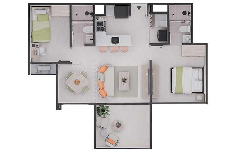 Plano del apartamento Tipología B: 2 alcobas, 59,5 m²