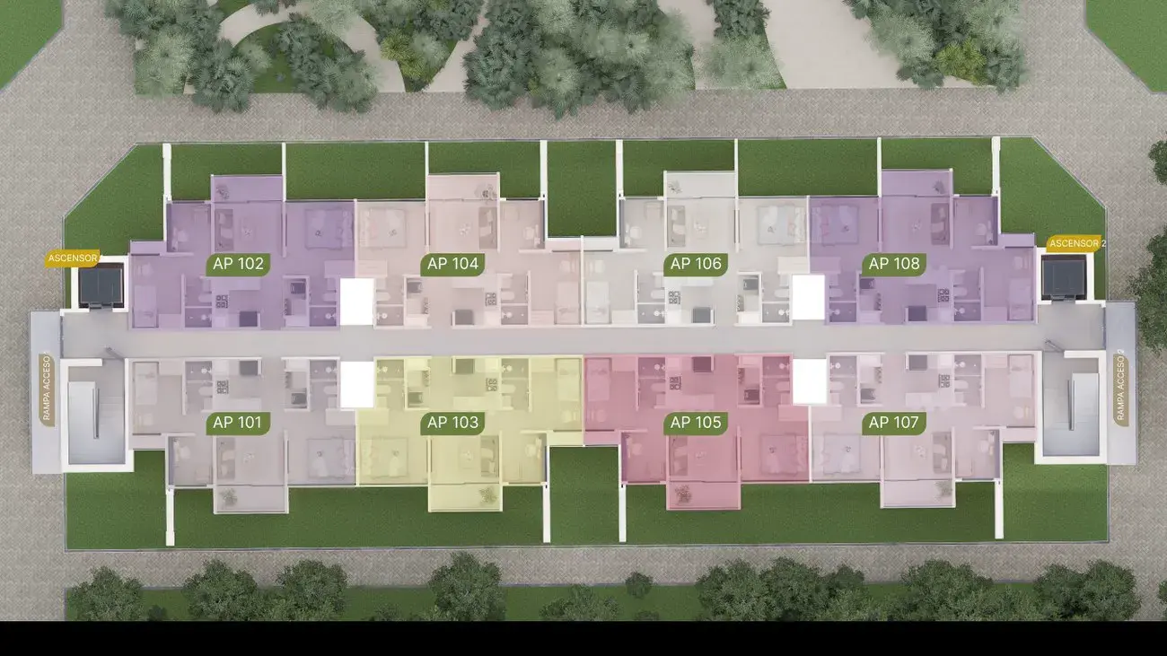 Planta de un piso de la torre: 8 apartamentos por nivel